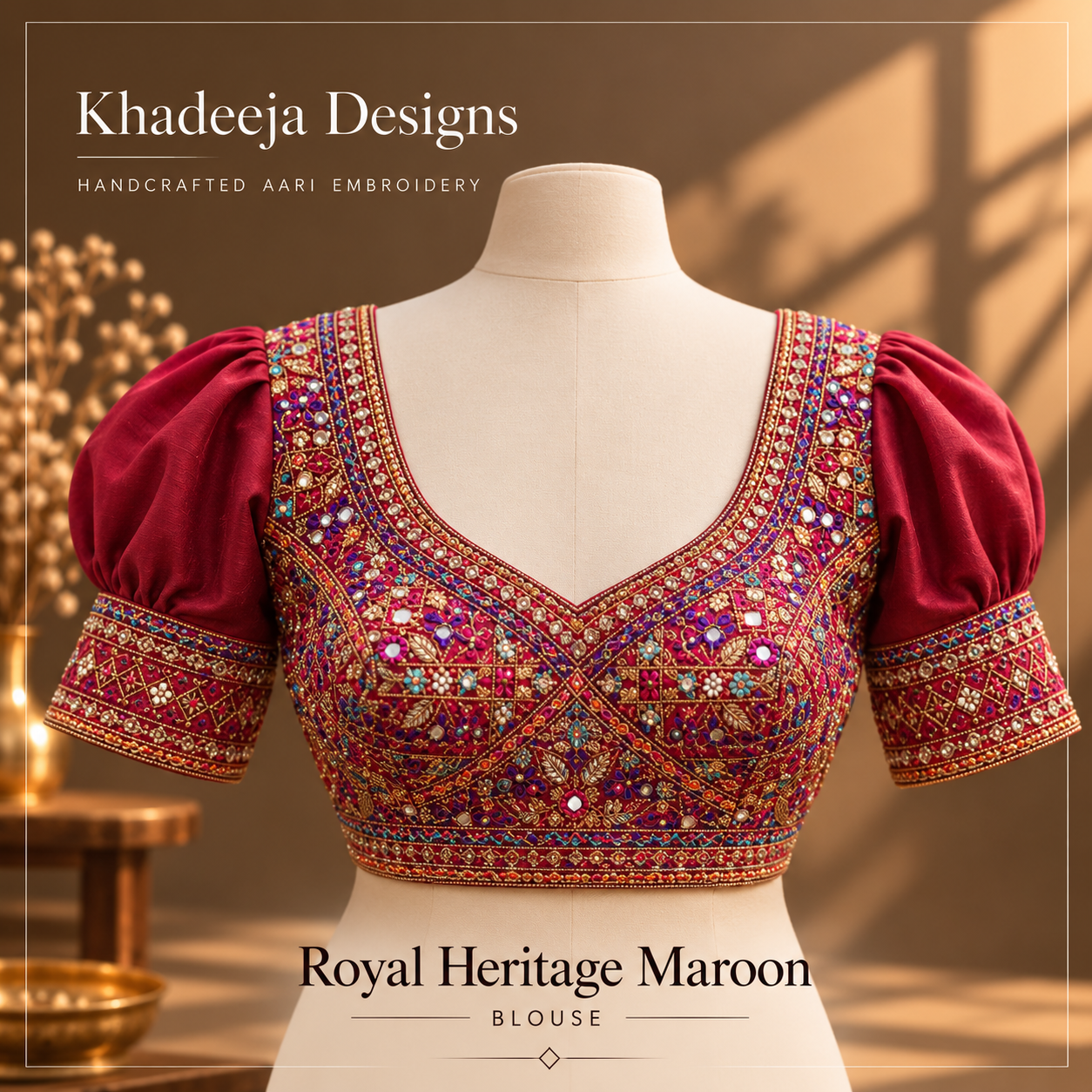 maroon with gold and jewel-tone embellishment bridal Aari embroidered blouse design